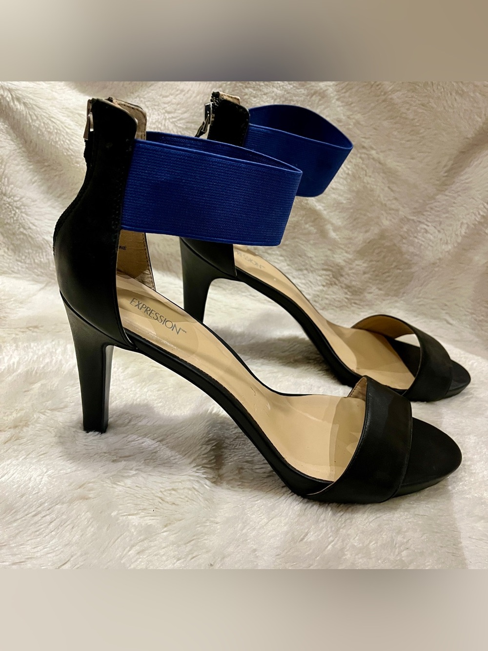 💙🖤 Expressions - Black Heel Sandals with Elastic Royal Blue Ankle Strap
